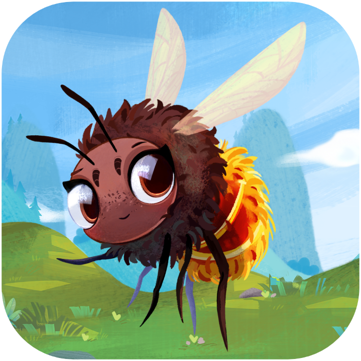 The logo of the BeeLife-app. The mason bee Mia waves at you while in front of a green meadow and a blue sky.