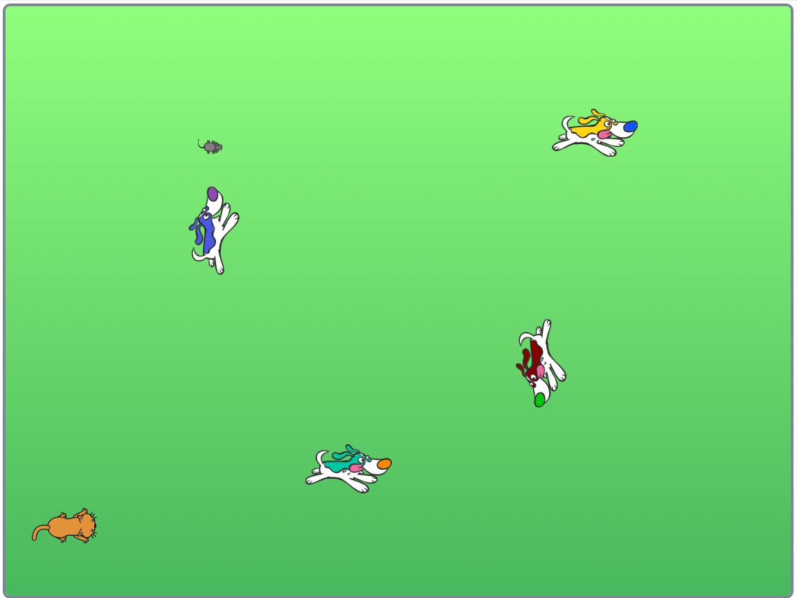 A screen of a "Scratch" game programmed by a child of dogs running around.