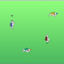Ein Bildschirm eines von einem Kind programmierten "Scratch"-Spiels mit herumlaufenden Hunden.
