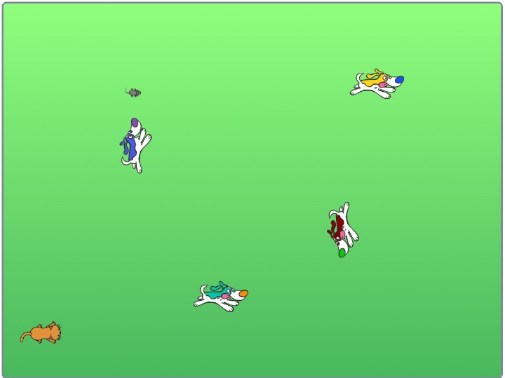 A screen of a "Scratch" game programmed by a child of dogs running around.